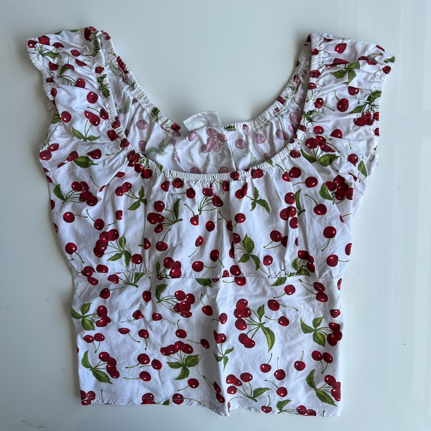 Vintage 90's White Backless Milkmaid Top with Cherry Print (S/M)