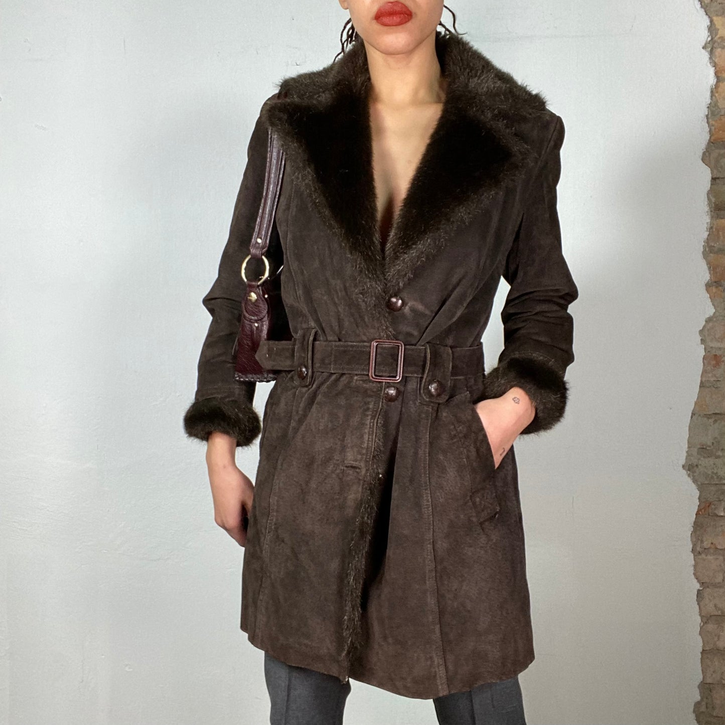 Vintage 2000's Grunge Brown Suede Afghan Coat with Waist Belt (S/M)