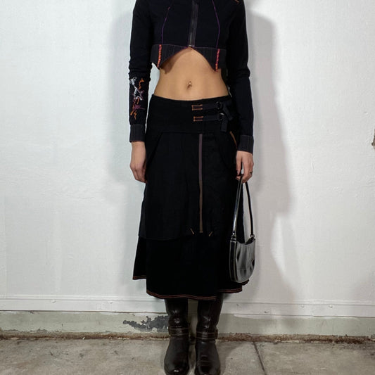 Vintage 2000's Cyber Grunge Midi Skirt with Contrast Stitching (S)