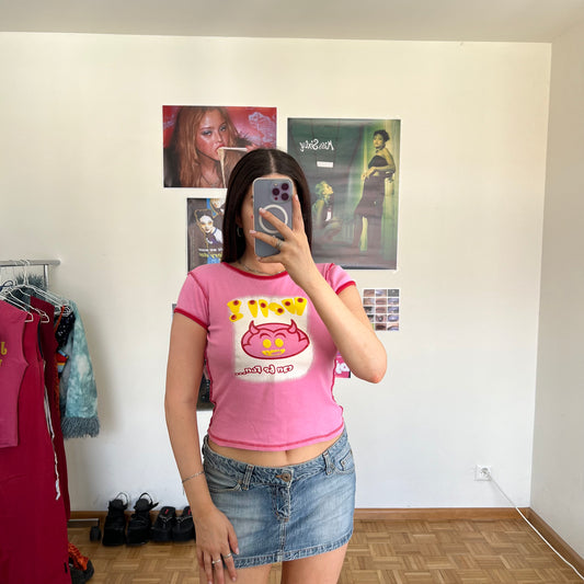 Vintage 90's "Hell Can Be Fun" Pink Baby Tee with Red Contrast Stitching (S/M)