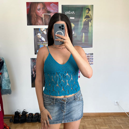 Vintage 90's Summer Turquoise Blue Crochet Top (XS)
