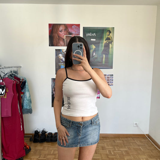 Vintage 90's Skater White Tank Top with Chinese Script and Picot Trim (S)