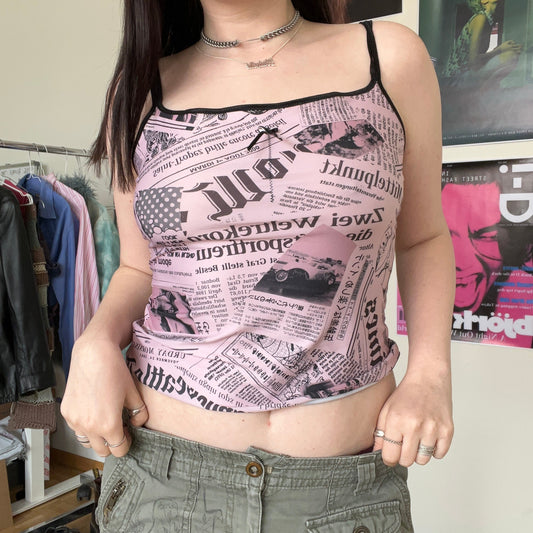 Vintage Y2K Funky Pink Newspaper Print Cami Top (L/XL)