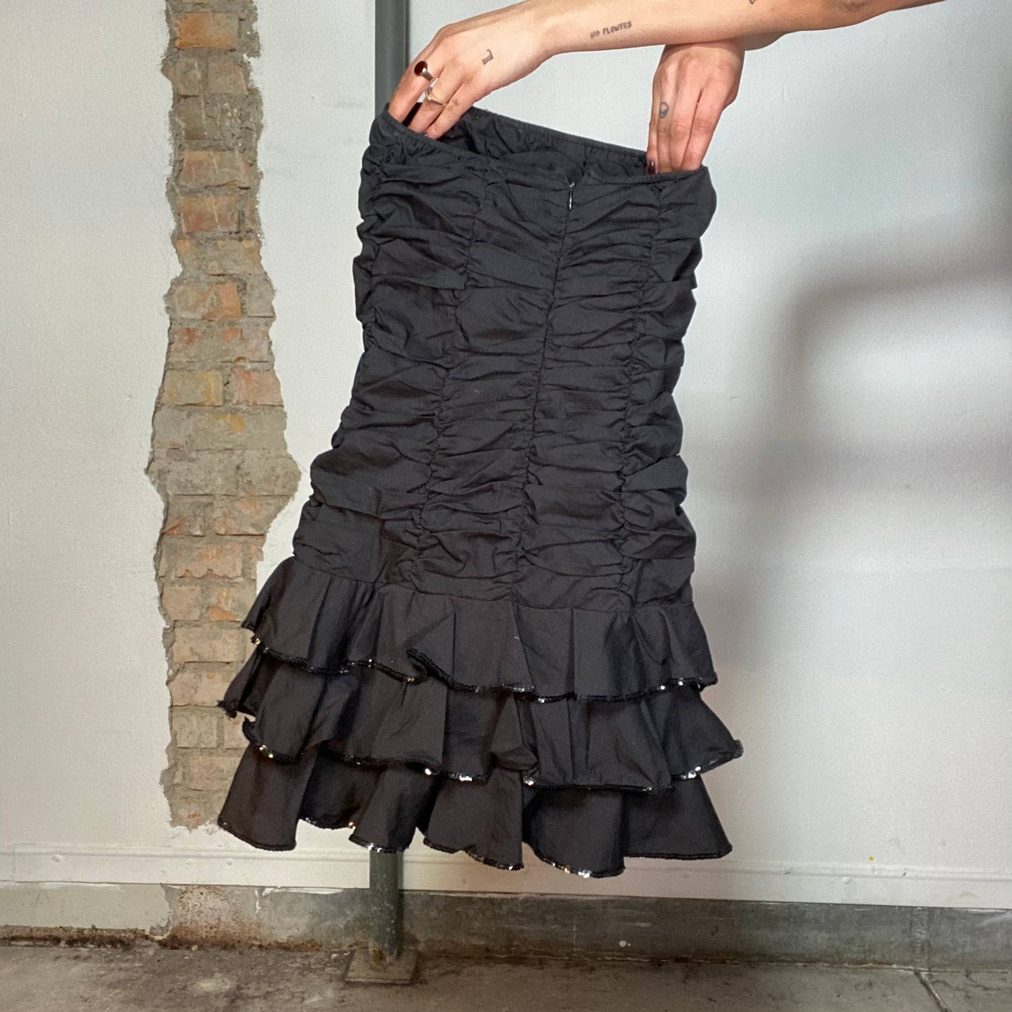 Vintage 2000's Grunge Black Ruffle Tube Dress with Sequin Details (S)