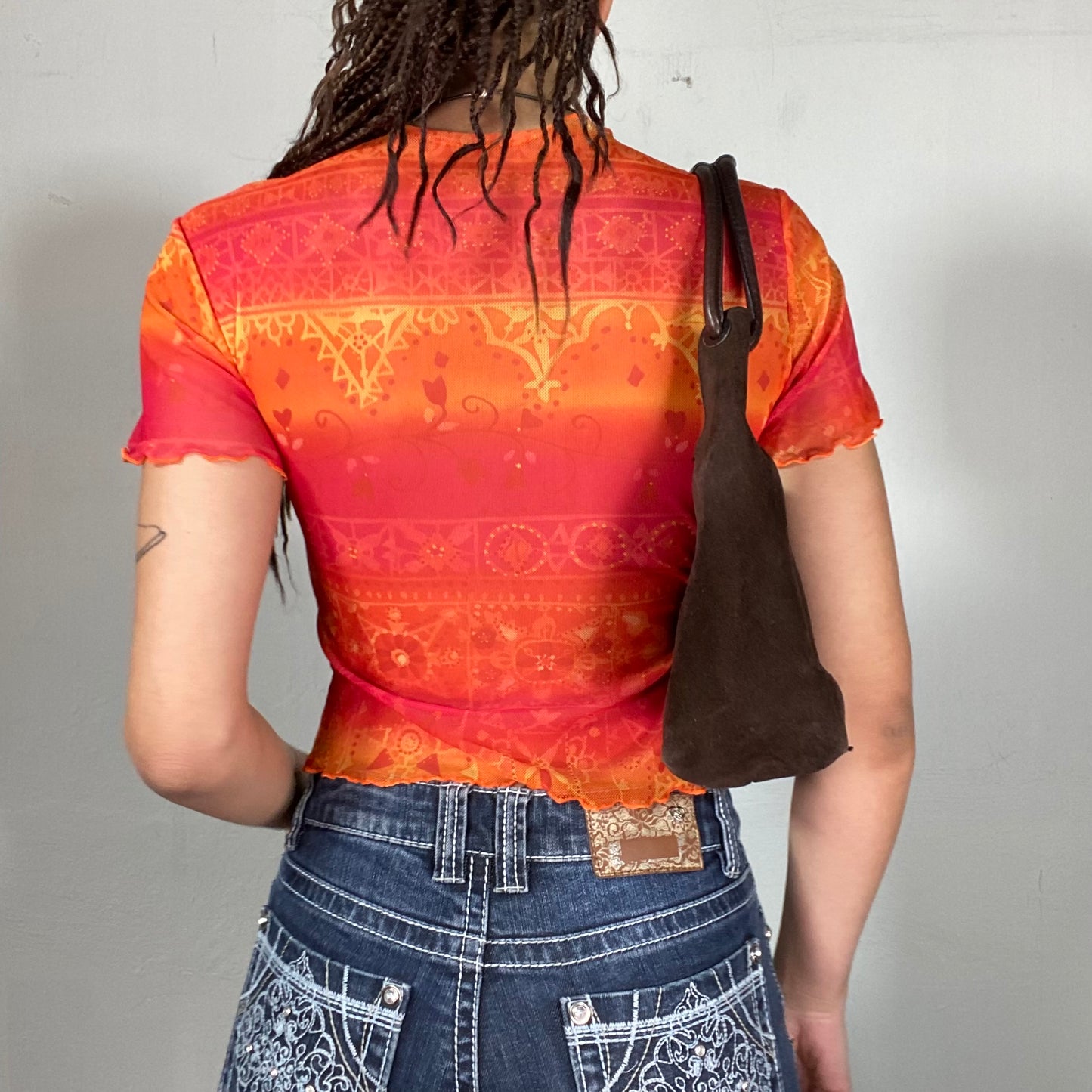 Vintage 90's Indie Orange Mesh Shirt with Ornament Print (S)