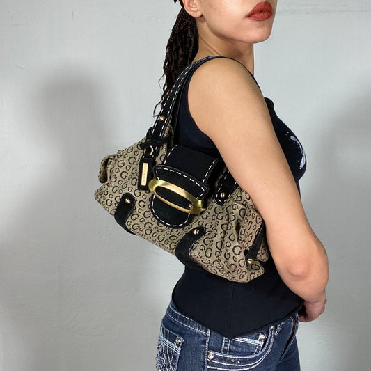 Vintage 2000's Guess Gold/Black Shoulder Bag with Suede Details and Chunky Buckle