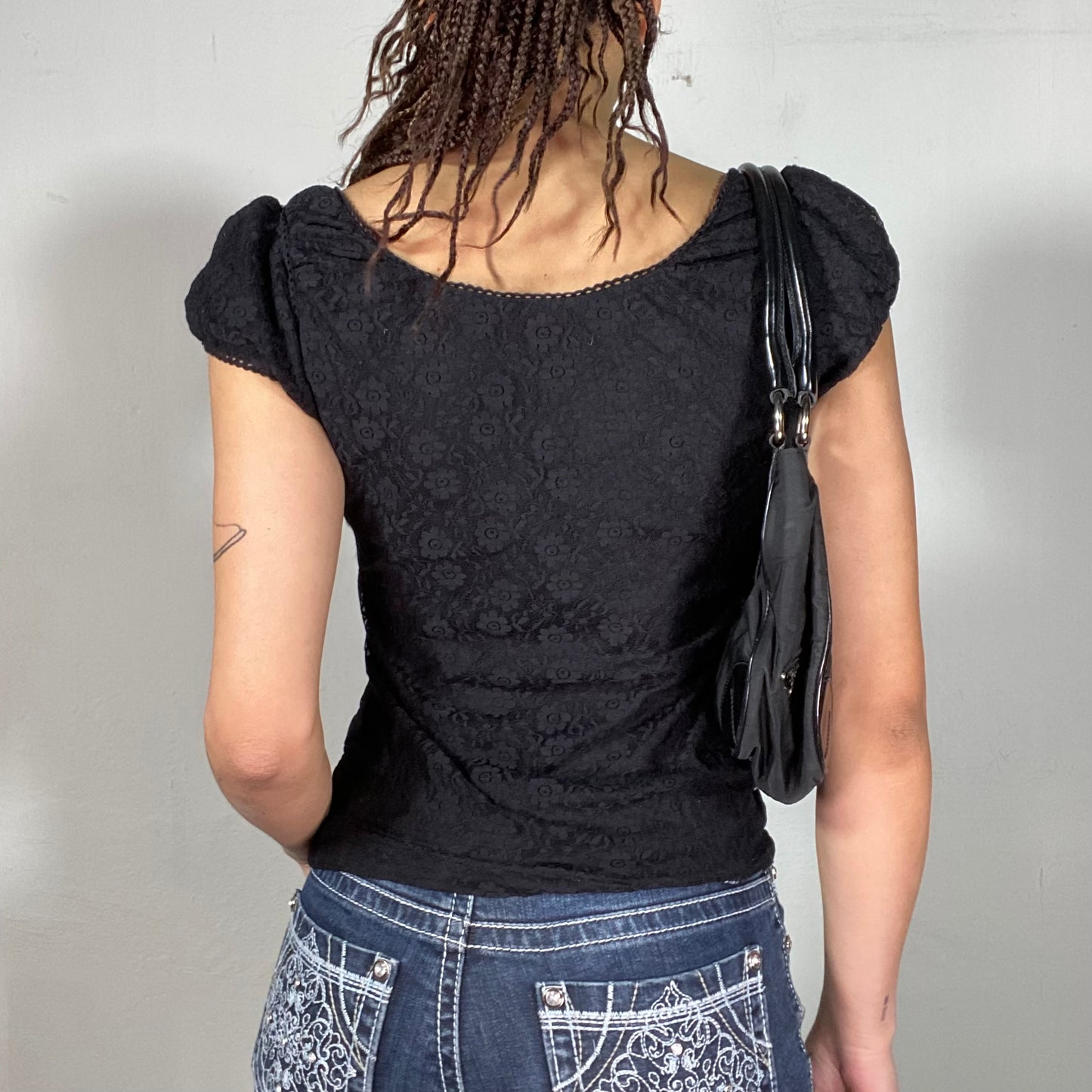 Vintage 2000's Gothic Black Lace Shirt with Lace up Front Detail (S/M)
