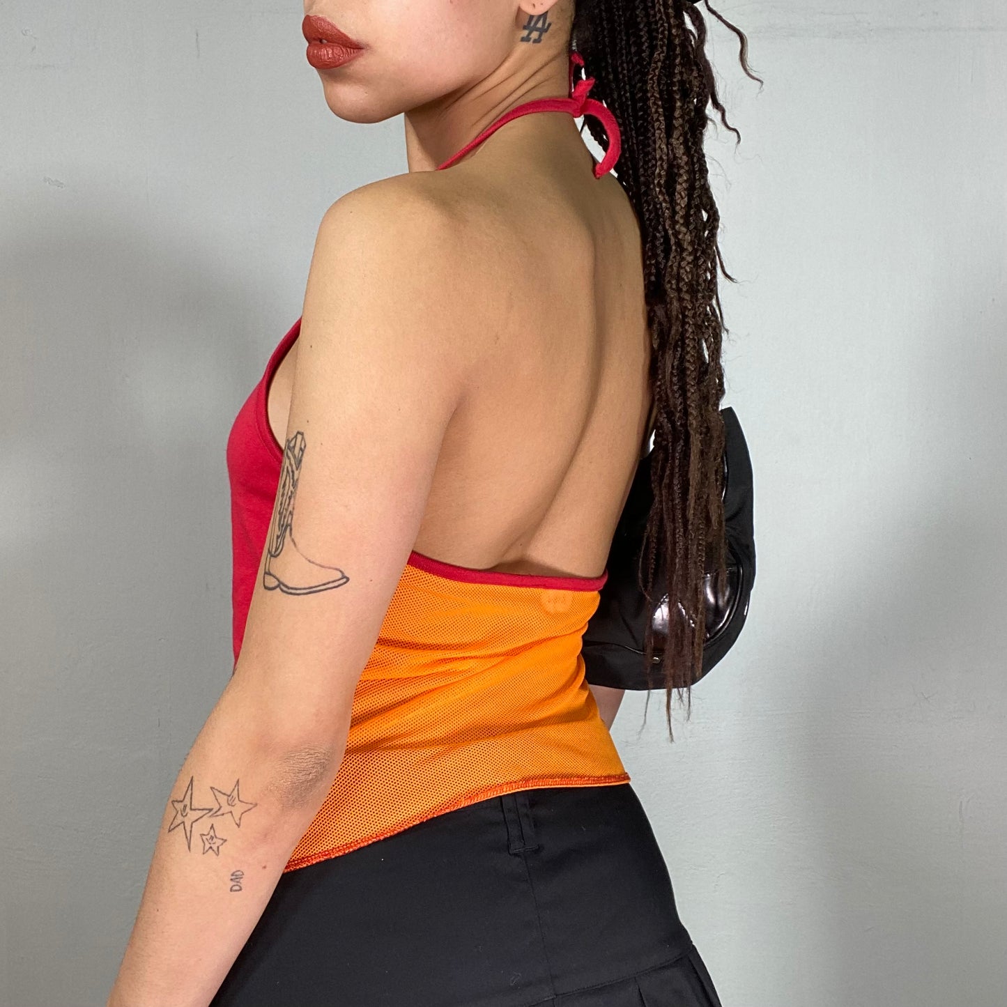 Vintage 2000's Surfer Red Halter Neck Top with Orange Net Back (M)