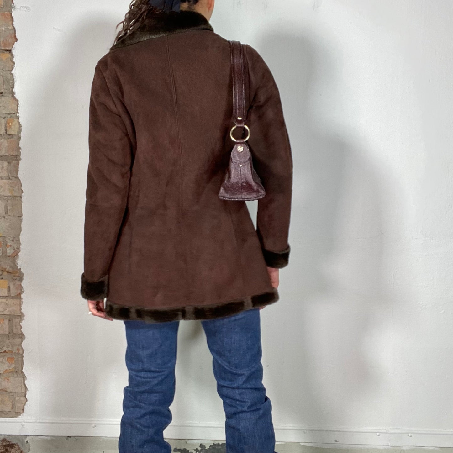 Vintage 90's Downtown Girl Brown Suede Coat with Faux Fur Trim (M)
