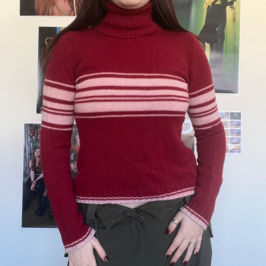 Vintage 90's Skater Red Rollneck Jumper with Pink Stripes (S/M)