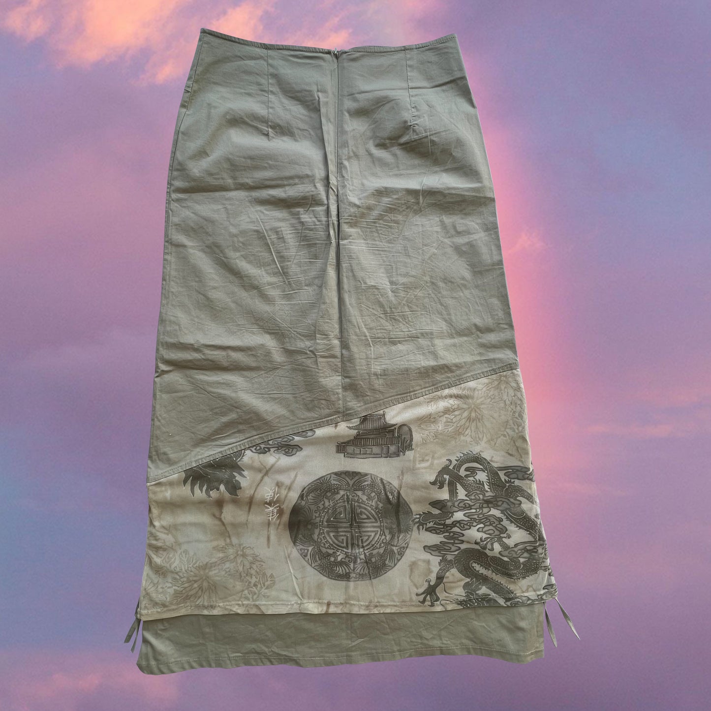 Vintage 90's Techwear Khaki Maxi Cargo Skirt with Dragon Mesh Insert (36 EU / UK 8 / US 4)
