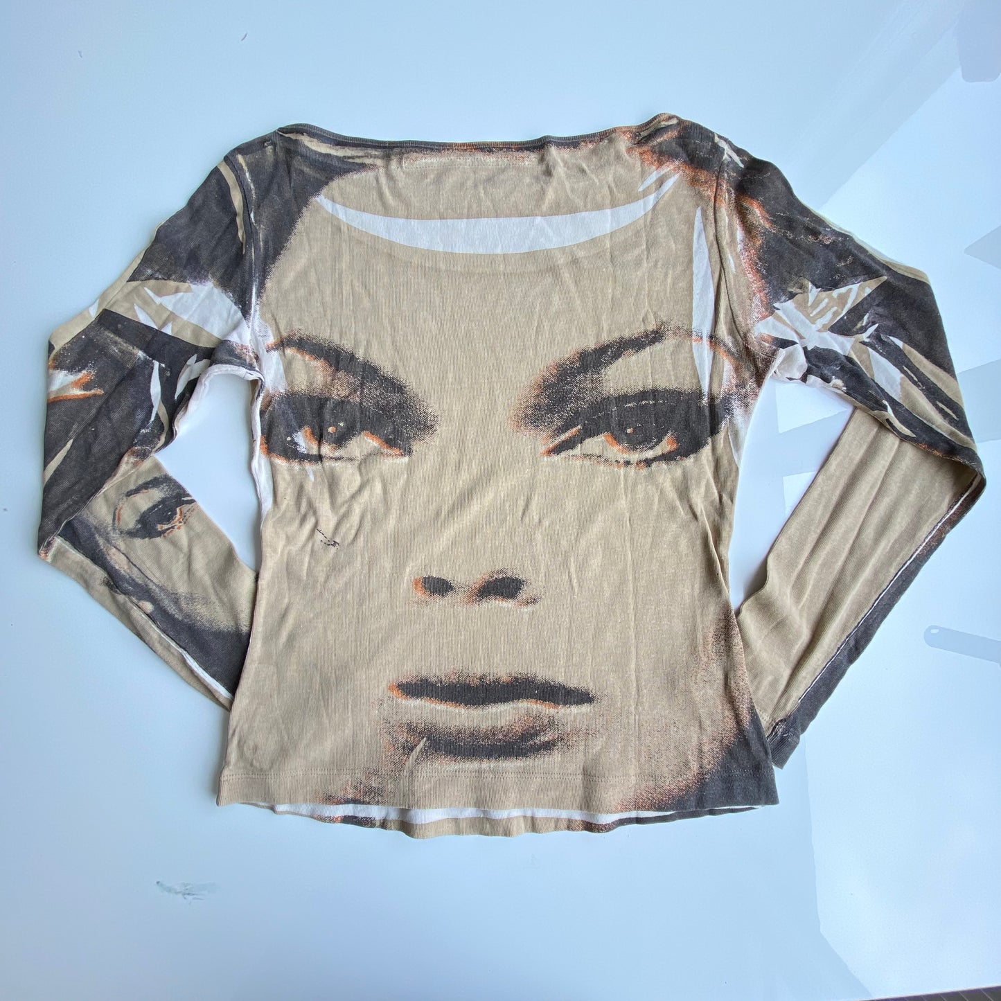 Vintage 90's Miss Sixty Beige Screen Print Long Sleeve Top (S/M)