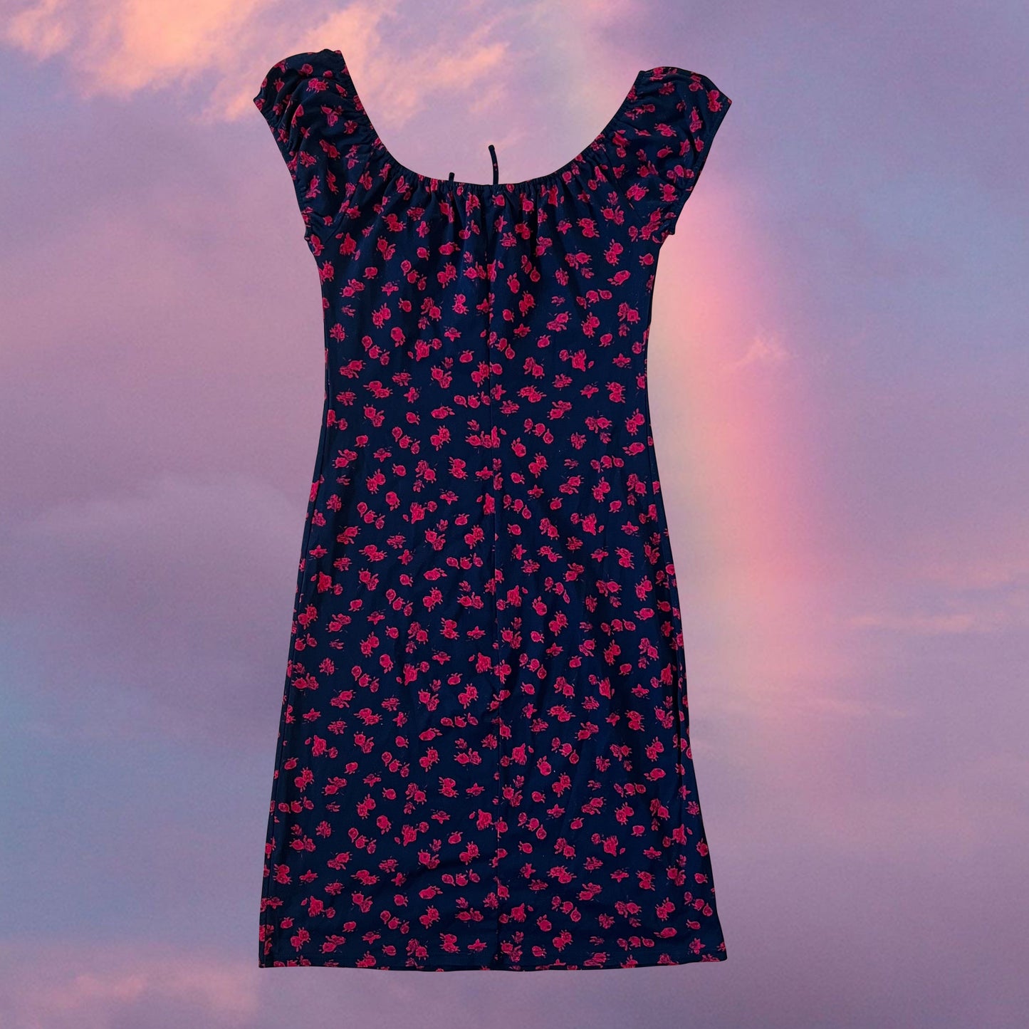 Vintage 90's Romantic Goth Black Milkmaid Dress with Red Floral (S)