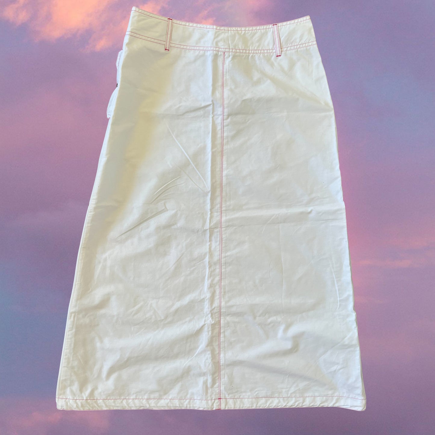 Vintage 90's Techwear White Parachute Cargo Maxi Skirt with Pink Contrast Stitching (38 EU / UK 10 / US 6)