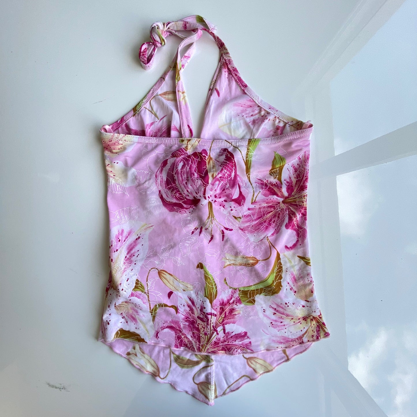 Vintage Y2K Summer Baby Pink Floral Halter Neck with Front Knot (XS/S)