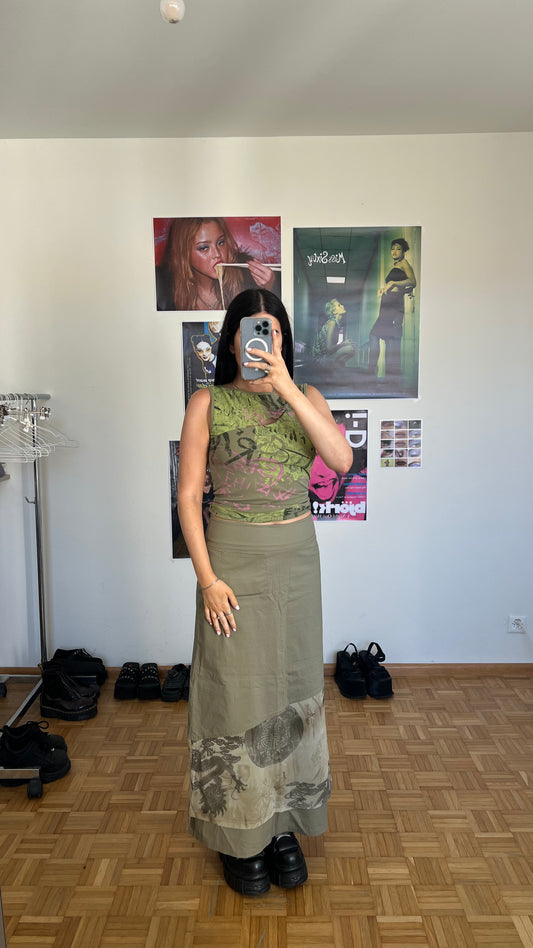 Vintage 90's Techwear Khaki Maxi Cargo Skirt with Dragon Mesh Insert (36 EU / UK 8 / US 4)