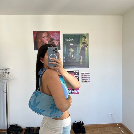 Vintage 90's Summer Blue Shoulder Bag with Leaf Print