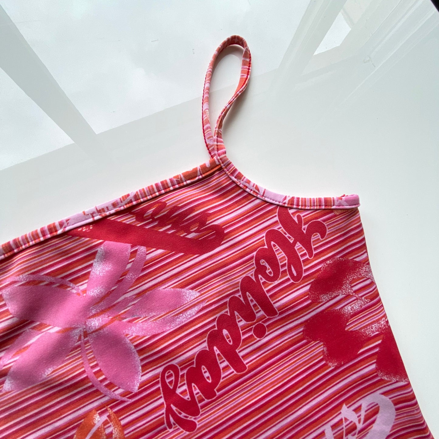 Vintage 90's Summer Holiday Pink Striped High Neck Dress with Hibiscus and Text Print (S)