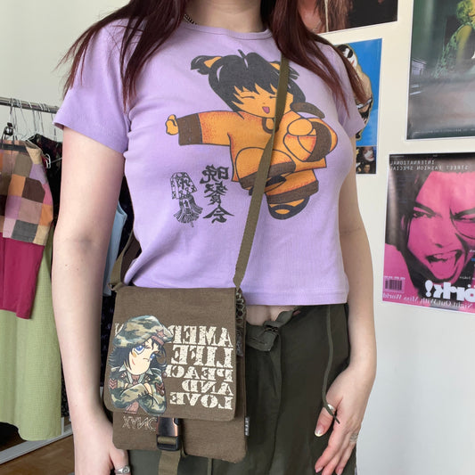 Vintage Y2K Khaki Crossbody Bag with Funky Army Cartoon Graphic