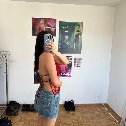 Vintage 90's Festival Red Backless Beaded Halter Top (S/M)