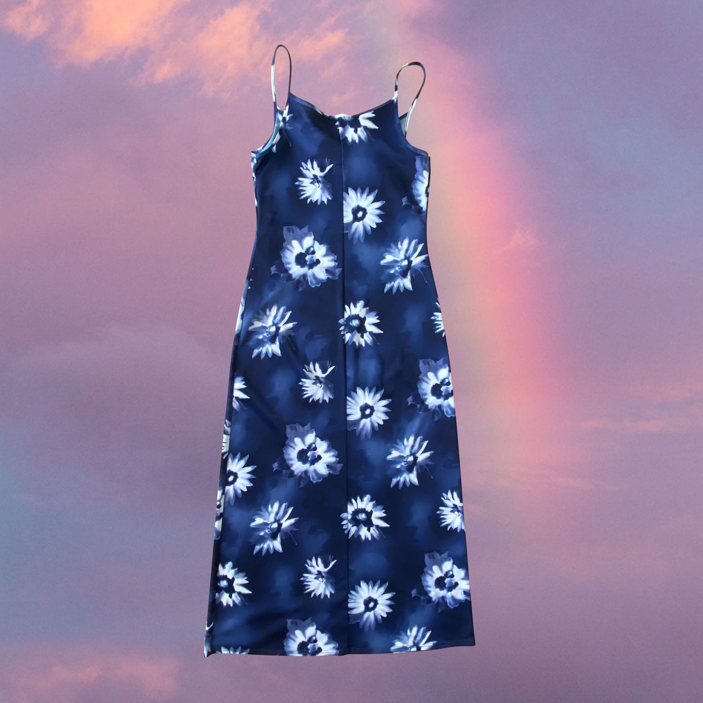 Vintage 90's Phoebe Buffay Hippie Blue Sunflower Maxi Dress (M)
