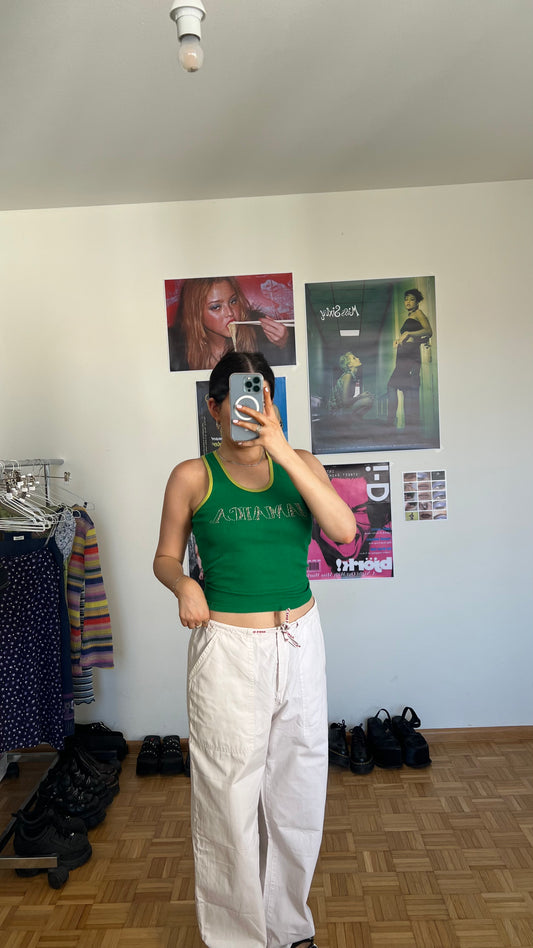 Vintage 90's Skater Green Jamaica Country Diamante Ribbed Tank Top (L)