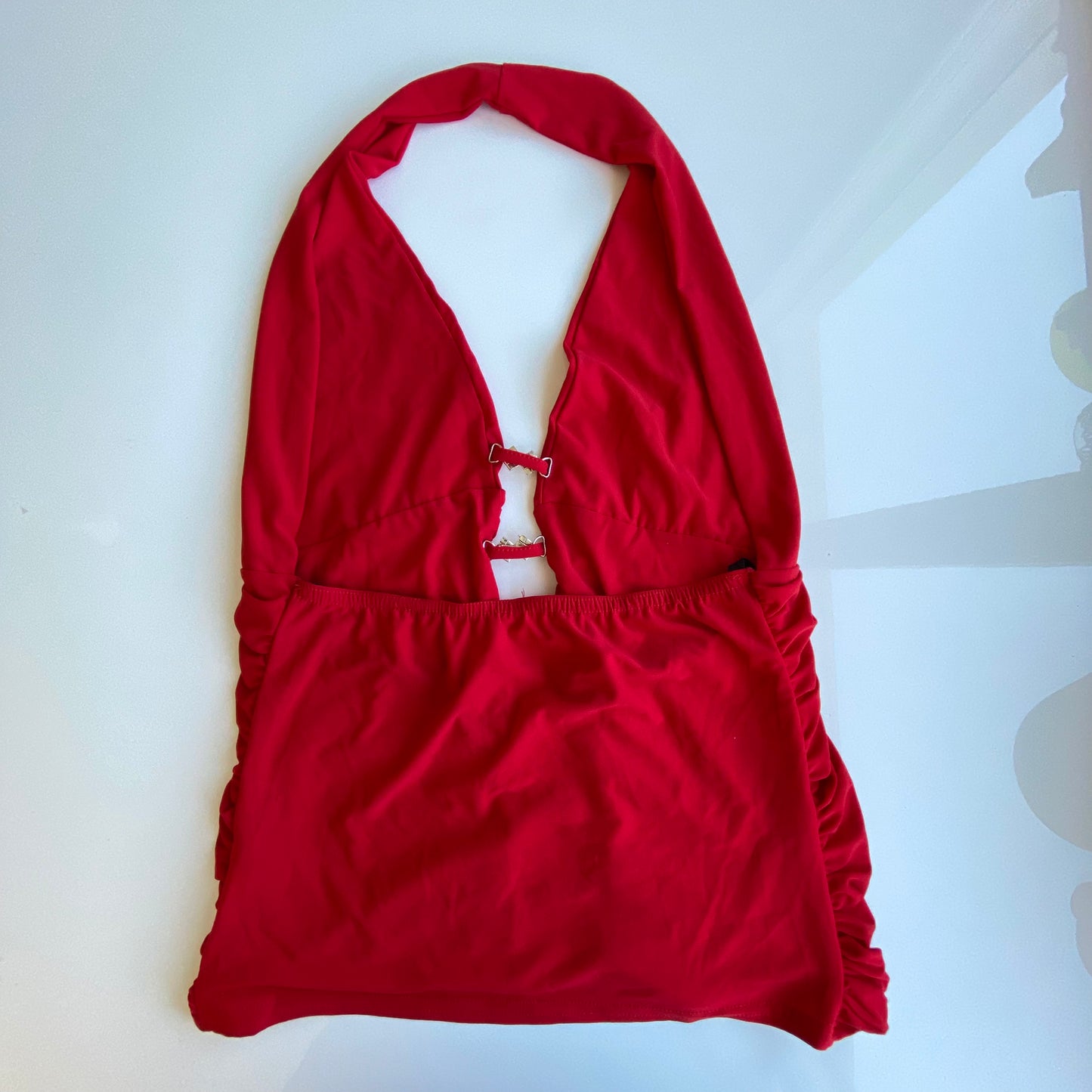 Vintage 90’s Clubwear Red Cutout Halter Neck Top with Ruching and Diamante Detail (M/L)