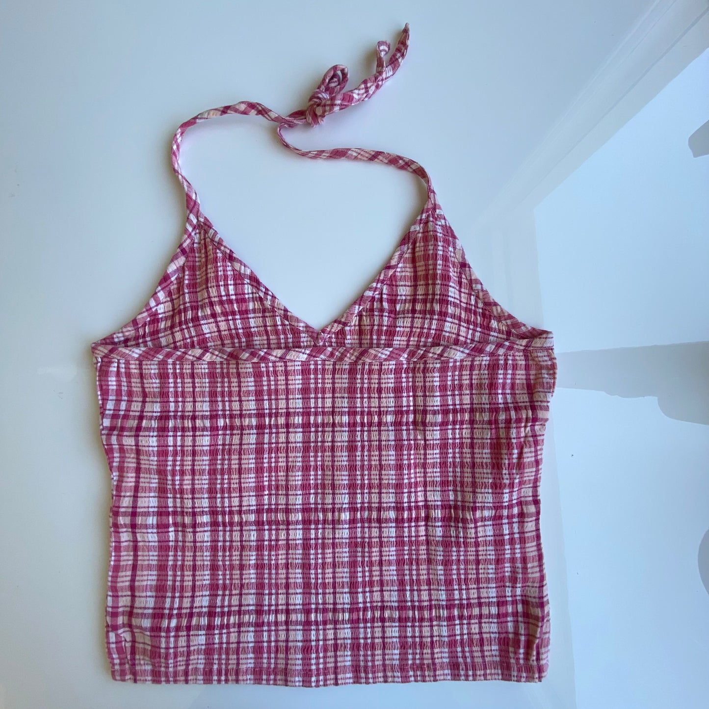 Vintage 90’s Country Pink Plaid Seersucker Halter Neck Top (M)