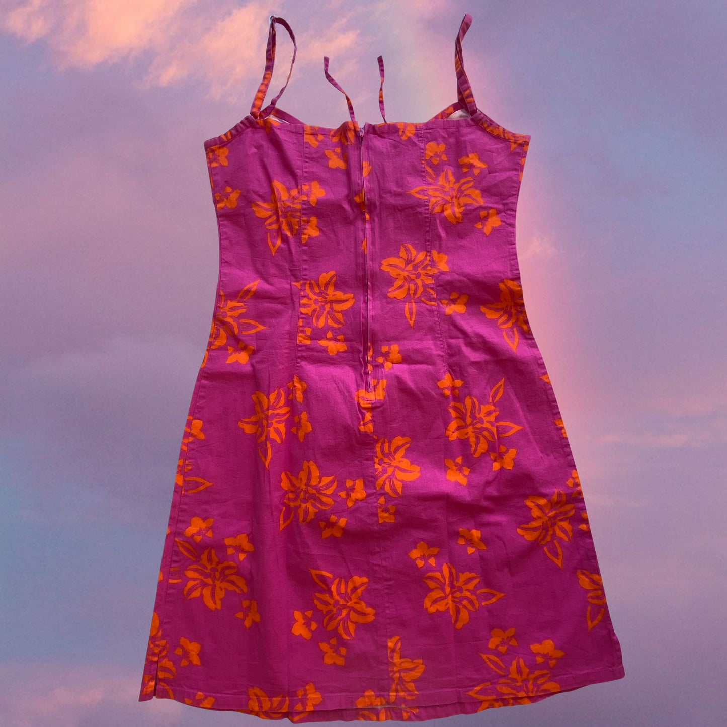 Vintage 90’s Summer Hot Pink and Orange Hibiscus Mini Dress (S)