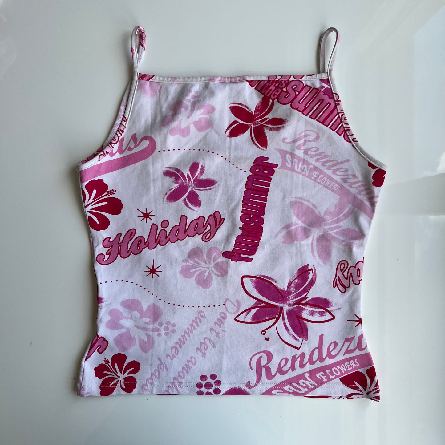 Vintage 90's Summer Hibiscus and Text Print Pink and White High Neck Top (S)