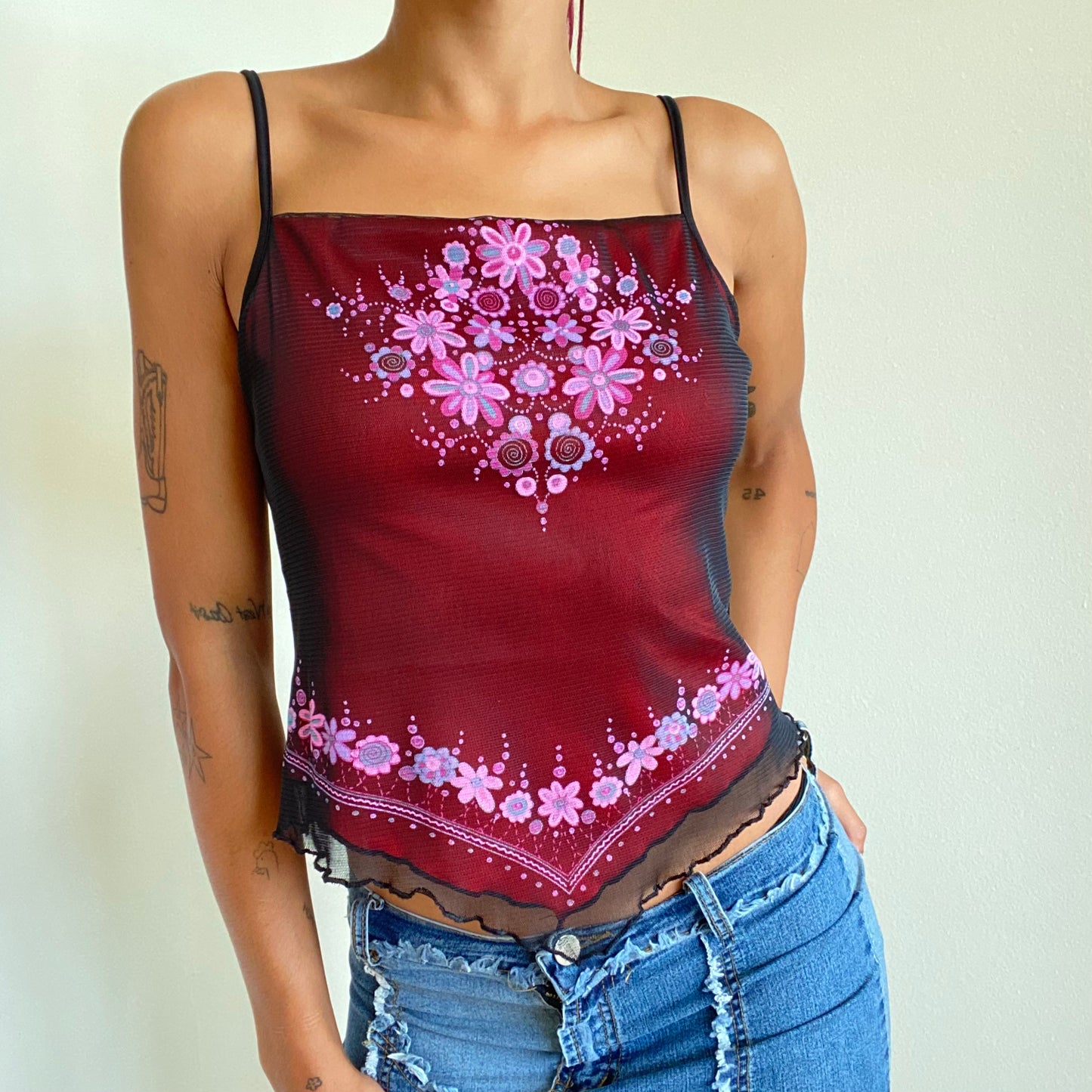 Vintage 90’s Whimsigoth Red and Black Mesh Top with Flower Print (XS)