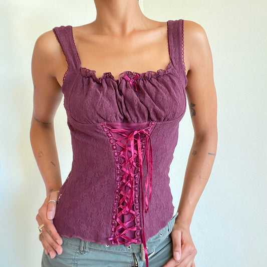 Vintage 90's Whimsigoth Bordeau Red Lace Corset Top With Tie Up Detail (S)