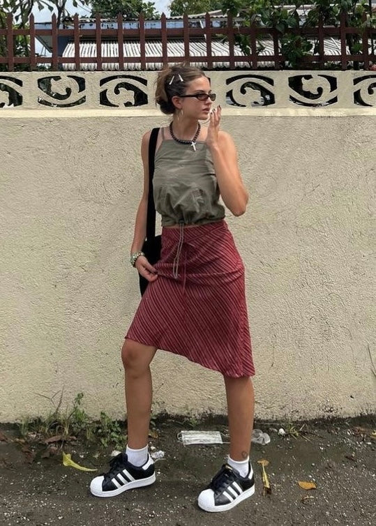 Vintage 90's Red Diagonal Stripe Mesh Midi Skirt (M)