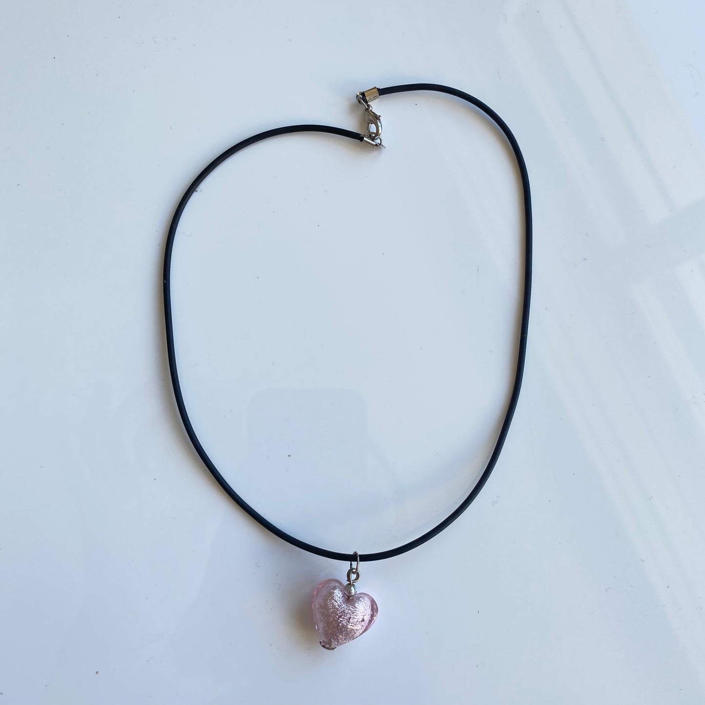 Vintage 90's Whimsigoth Rose Chrome Glass Heart Cord Necklace