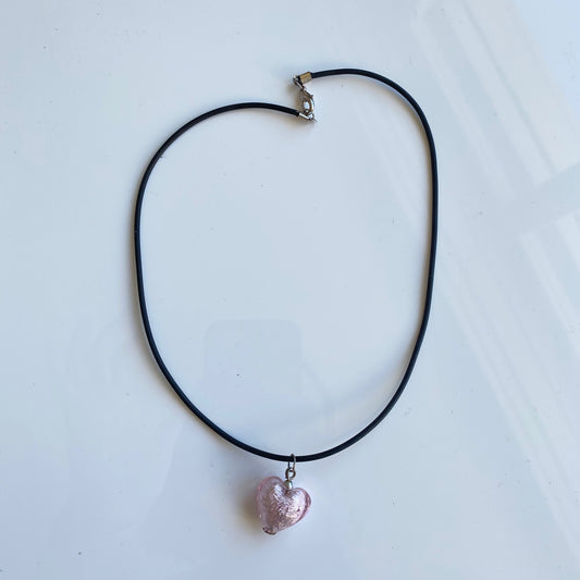 Vintage 90's Whimsigoth Rose Chrome Glass Heart Cord Necklace