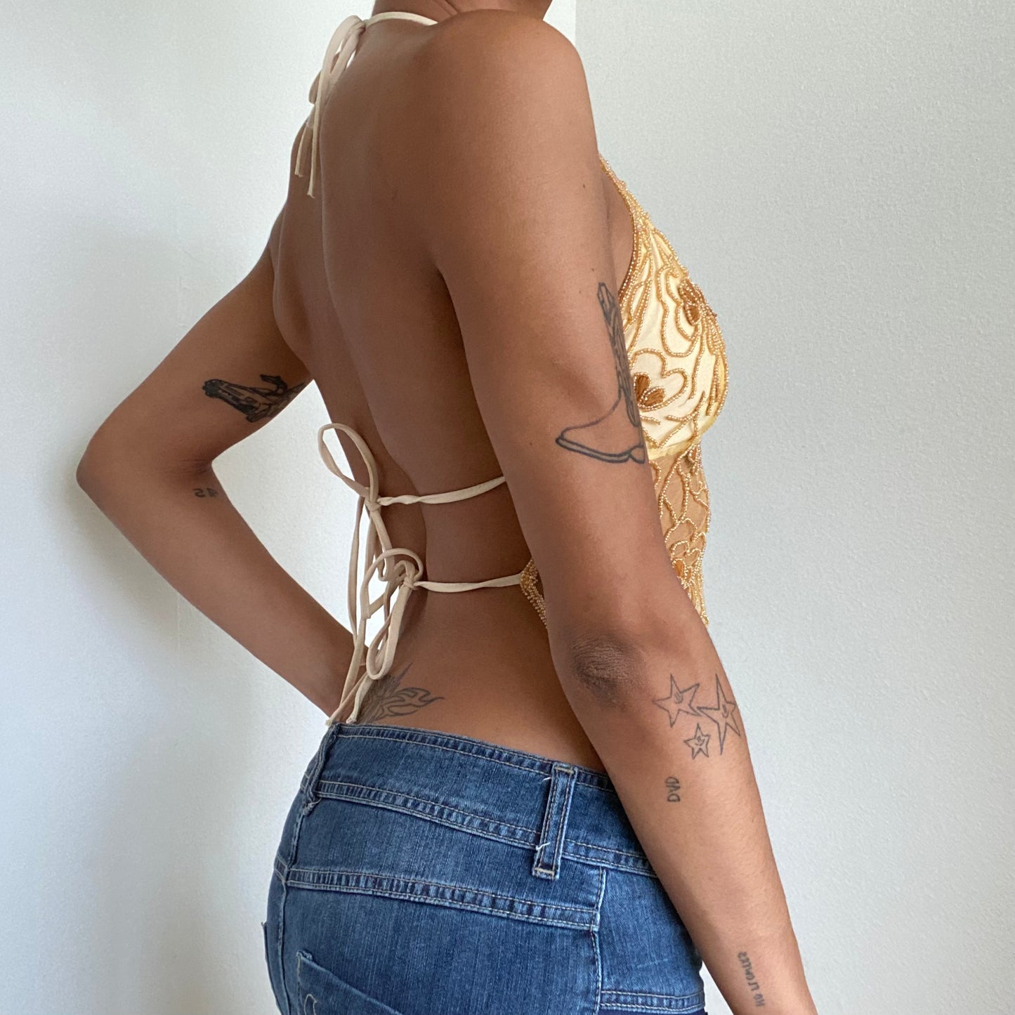 Vintage 90’s Festival Gold Beaded Backless Halter Top (S/M)