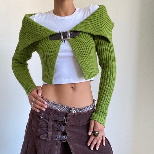 Vintage 90’s Bella Hadid Green Knit Bolero with a Brown Buckle (S/M)