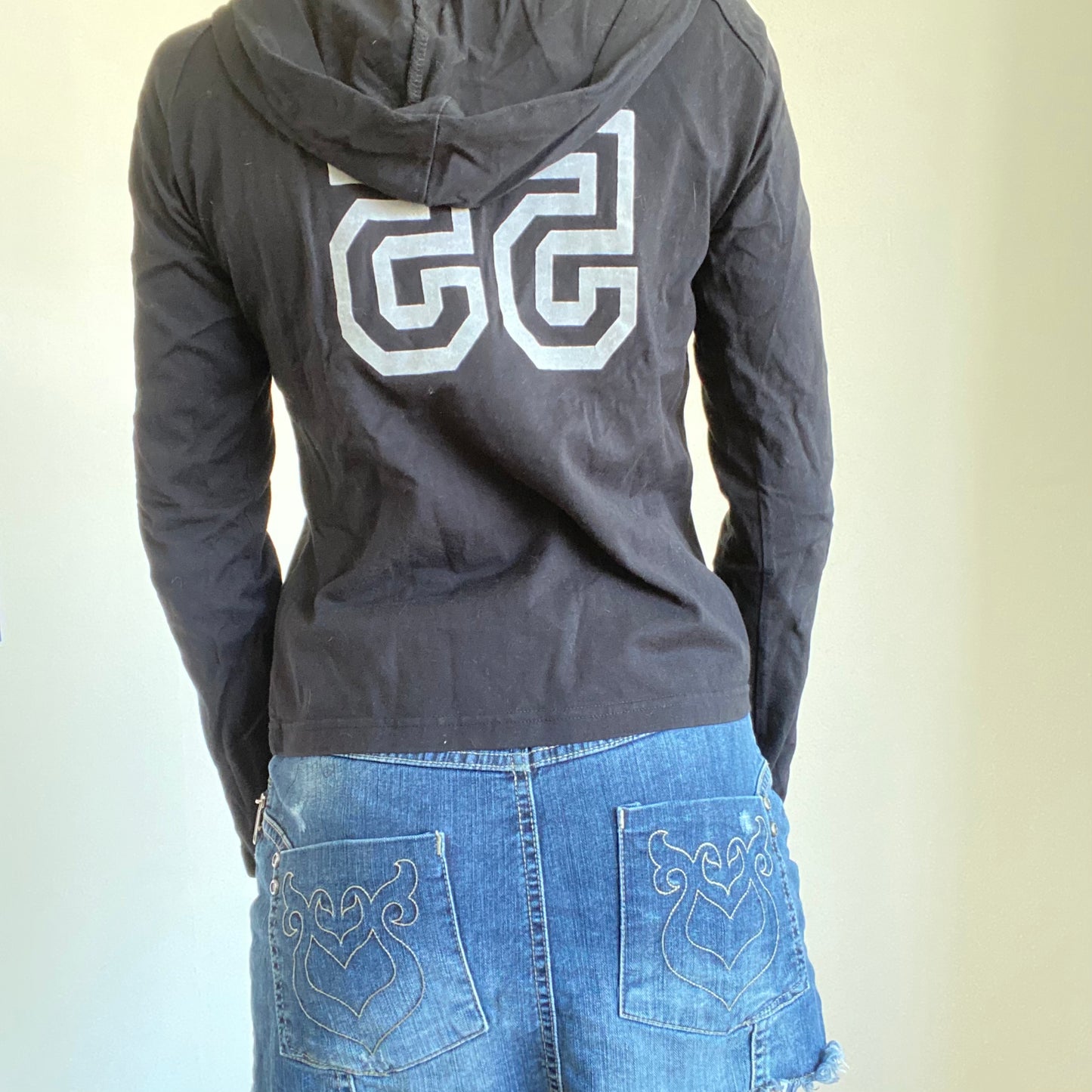 Vintage 90’s Sporty "55" Black Zip Up Hoodie with White Stripes (S/M)