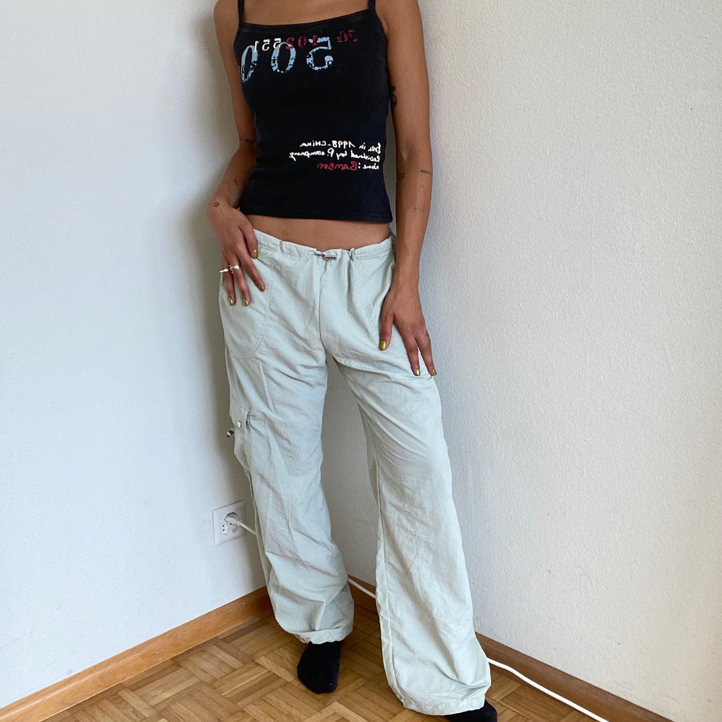 Vintage 90's Style Techwear Beige Cargo Pants with Toggle Detail (S/M)