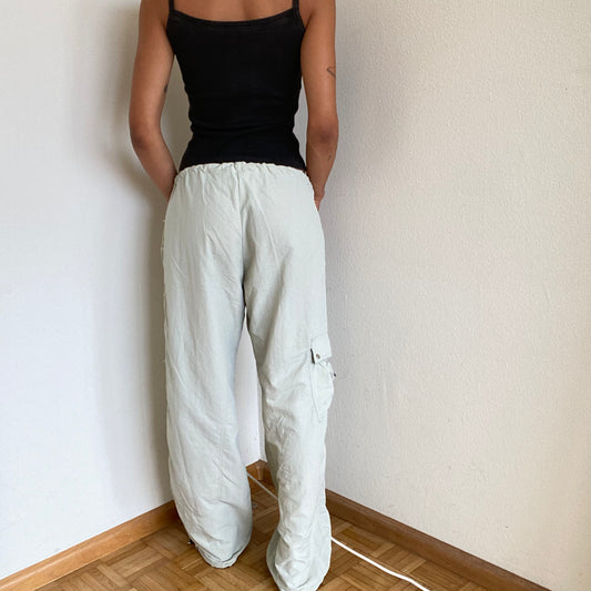 Vintage 90's Style Techwear Beige Cargo Pants with Toggle Detail (S/M)