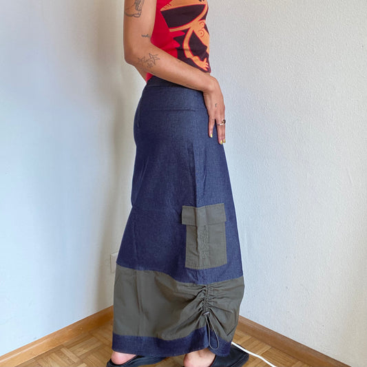 Vintage 90's Techwear Denim Cargo Maxi Skirt with Khaki Details (XS/S)