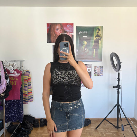 Vintage Y2K Rockstar Girlfriend “Princess” Black Tank Top with Diamante Details (S)