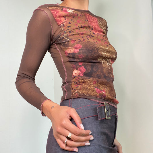 Vintage 90’s Whimsigoth Brown Paisley Mesh Longsleeve (XS/S)
