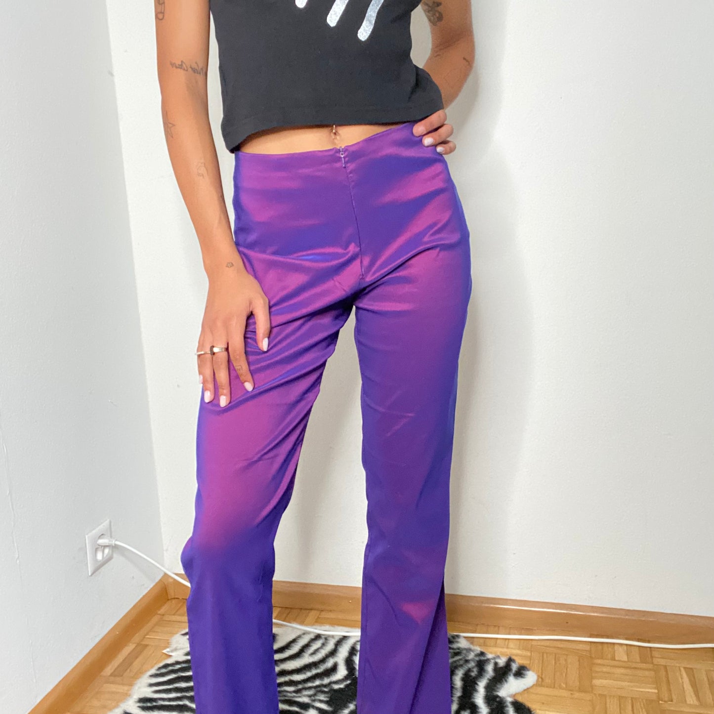 Vintage 90's Clubwear Purple Iridescent Flared Pants with Front Zipper (S/M)