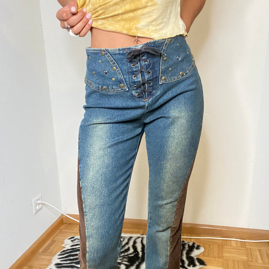 Vintage 90's Western Denim and Cord Flared Jeans with Studs (S)