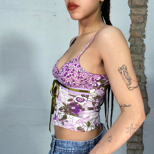 Vintage 2000's Morgan De Toi Purple Floral Top with Khaki Velvet Ribbon Detail (S)