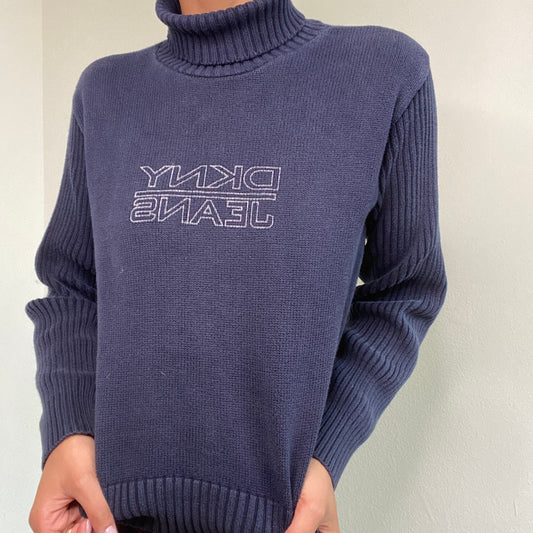 Vintage 90's DKNY Navy Logo Knit Turtle Neck Sweater (S/M)