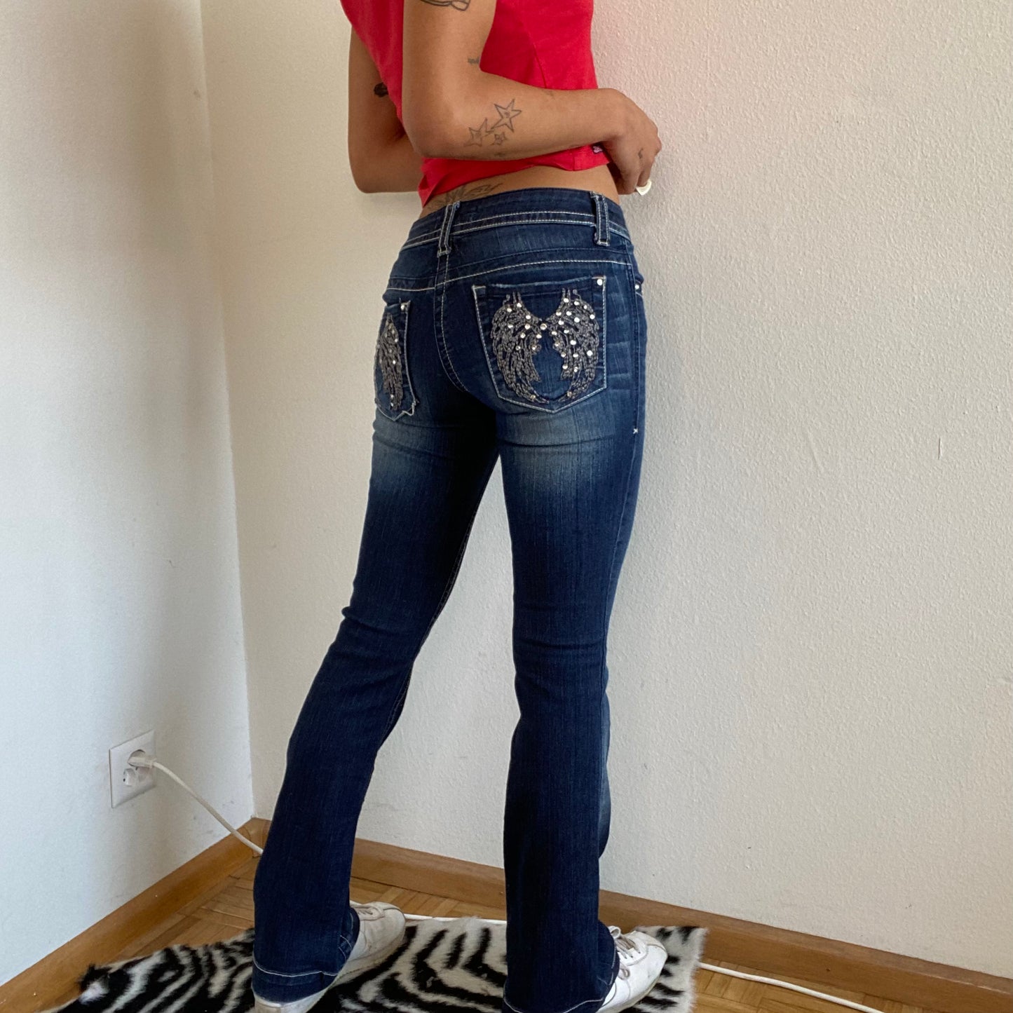 Vintage Y2K Cyber Dark Washed Jeans with Angel Rhinestone Details (S)