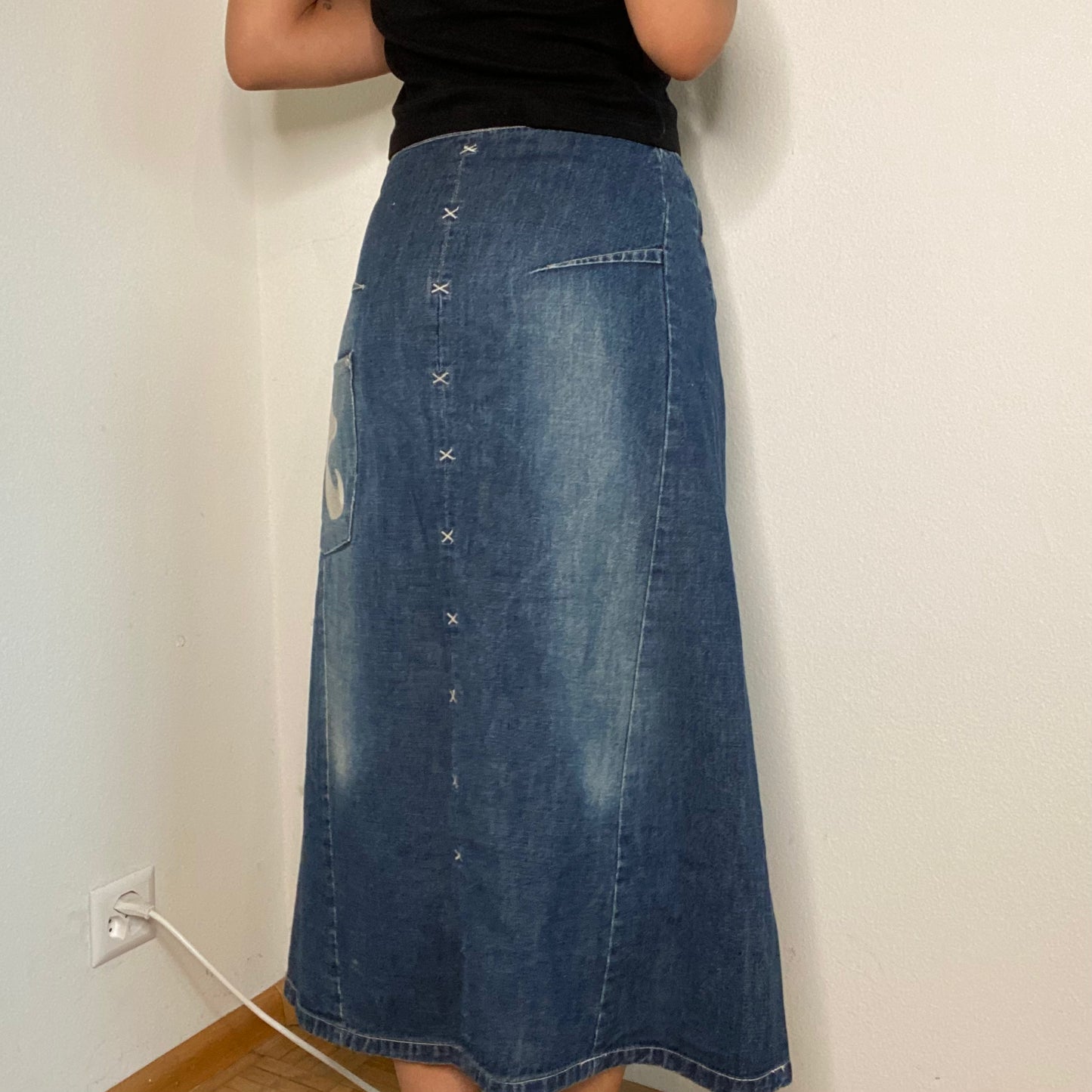 Vintage 90's Funky Denim Maxi Skirt with Red Detail (S)