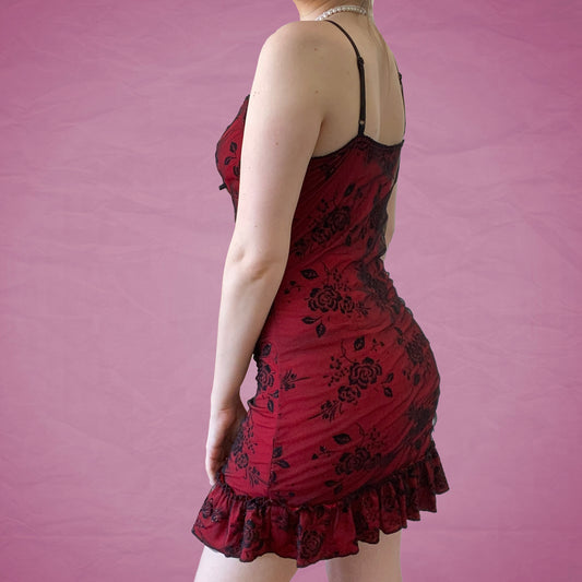 Vintage 90's Red and Black Ruffle Floral Dress
